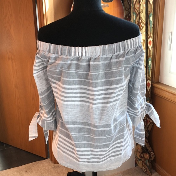 Talori off shoulder elastic neckline cotton grey and white stripe 3/4 sleeve M - Picture 2 of 6